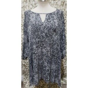 Roamans Top Womens Plus Size 22 Floral Black White Keyhole Neck Tunic Blouse